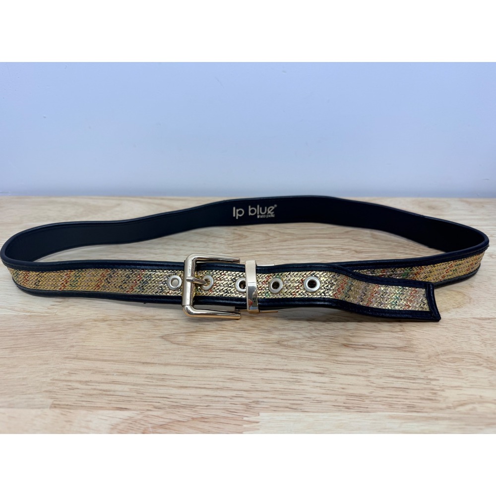 LP Blue Linea Pelle Reversible Metallic Woven Belt Gold Black  Womens Medium #58